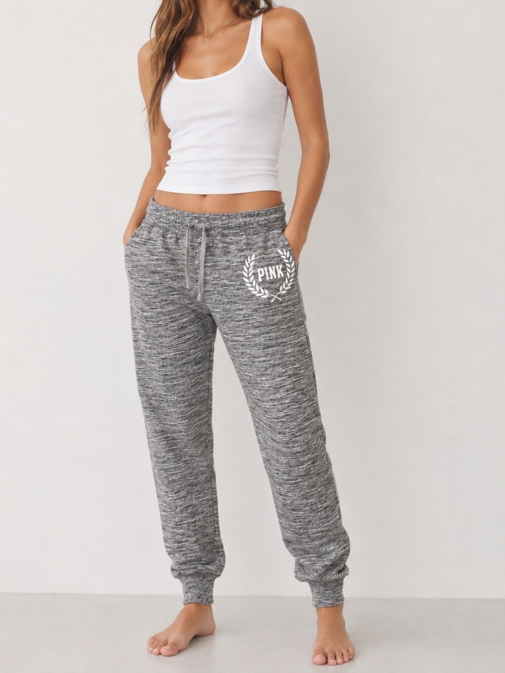 PINK Victoria’s Secret Gray Marled Logo Jogger Sweatpants Size Large